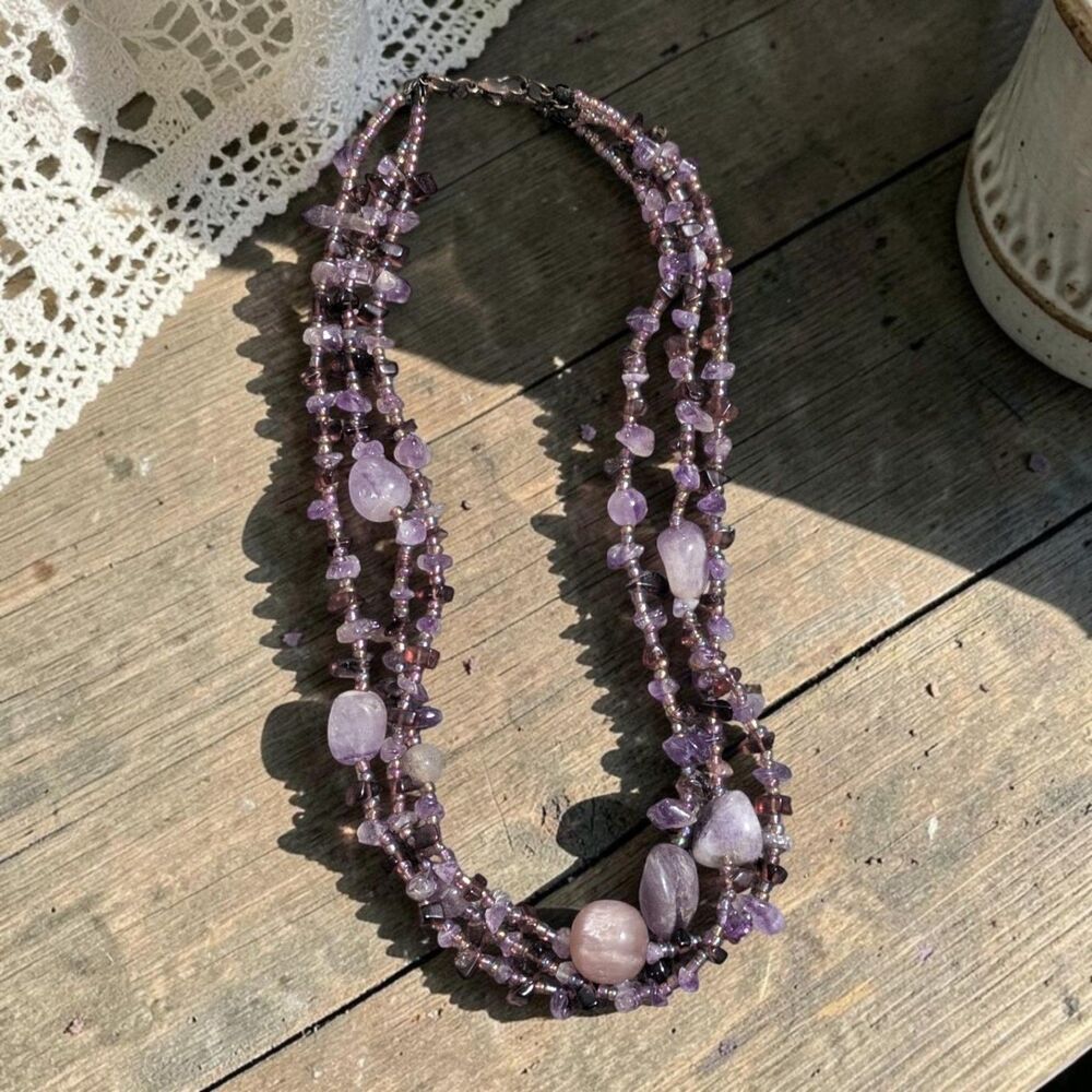 Purple Amethyst Multi Strand Necklace, Beaded Gemstone Boho Cottagecore Jewelry